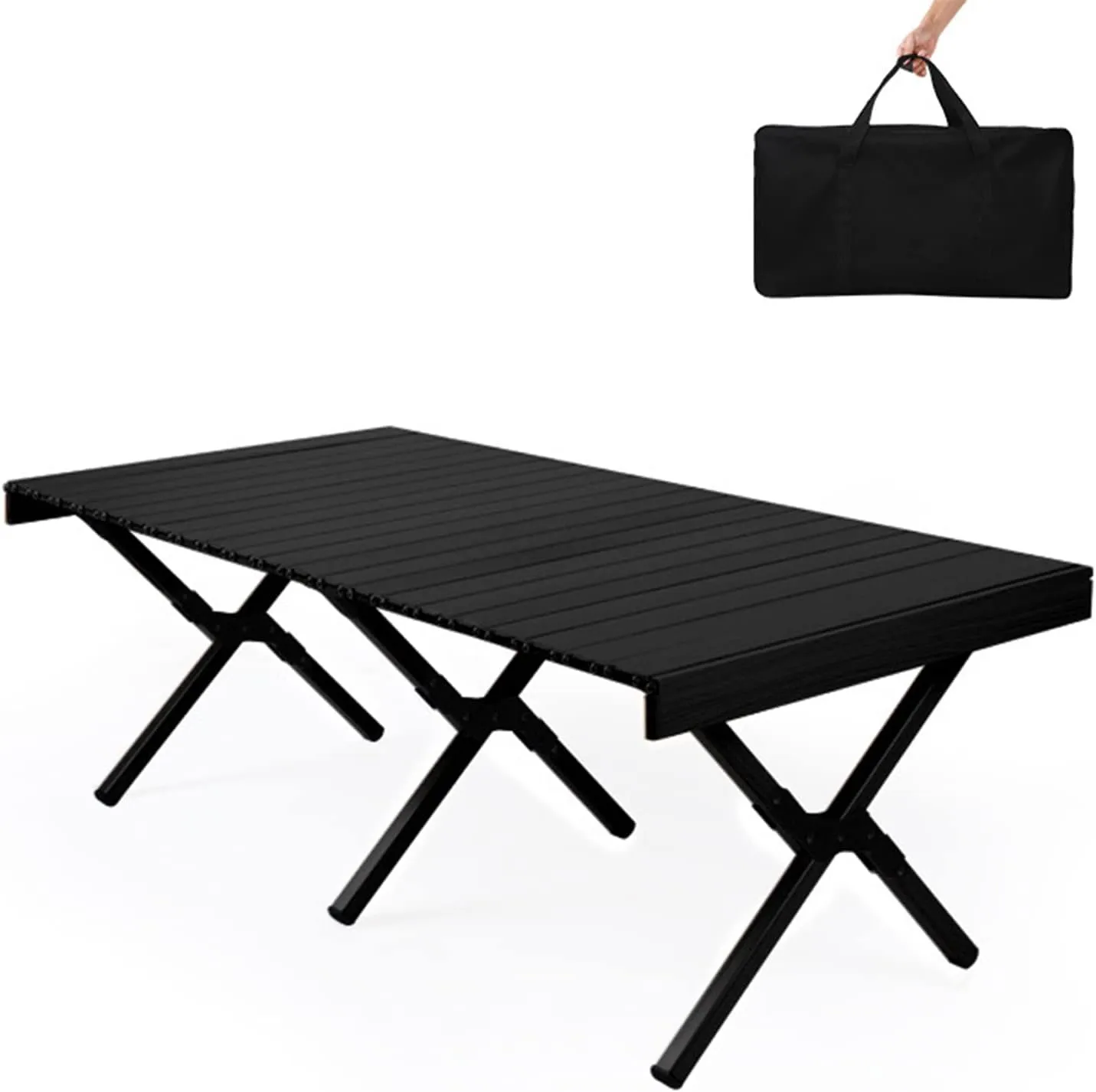 All Aluminum Alloy Light Weight Camping Table Furniture Outdoor Home Foldable Roll Up Easy Carry Picnic BBQ Table with Storage Bag,Black,L(Length120cm)