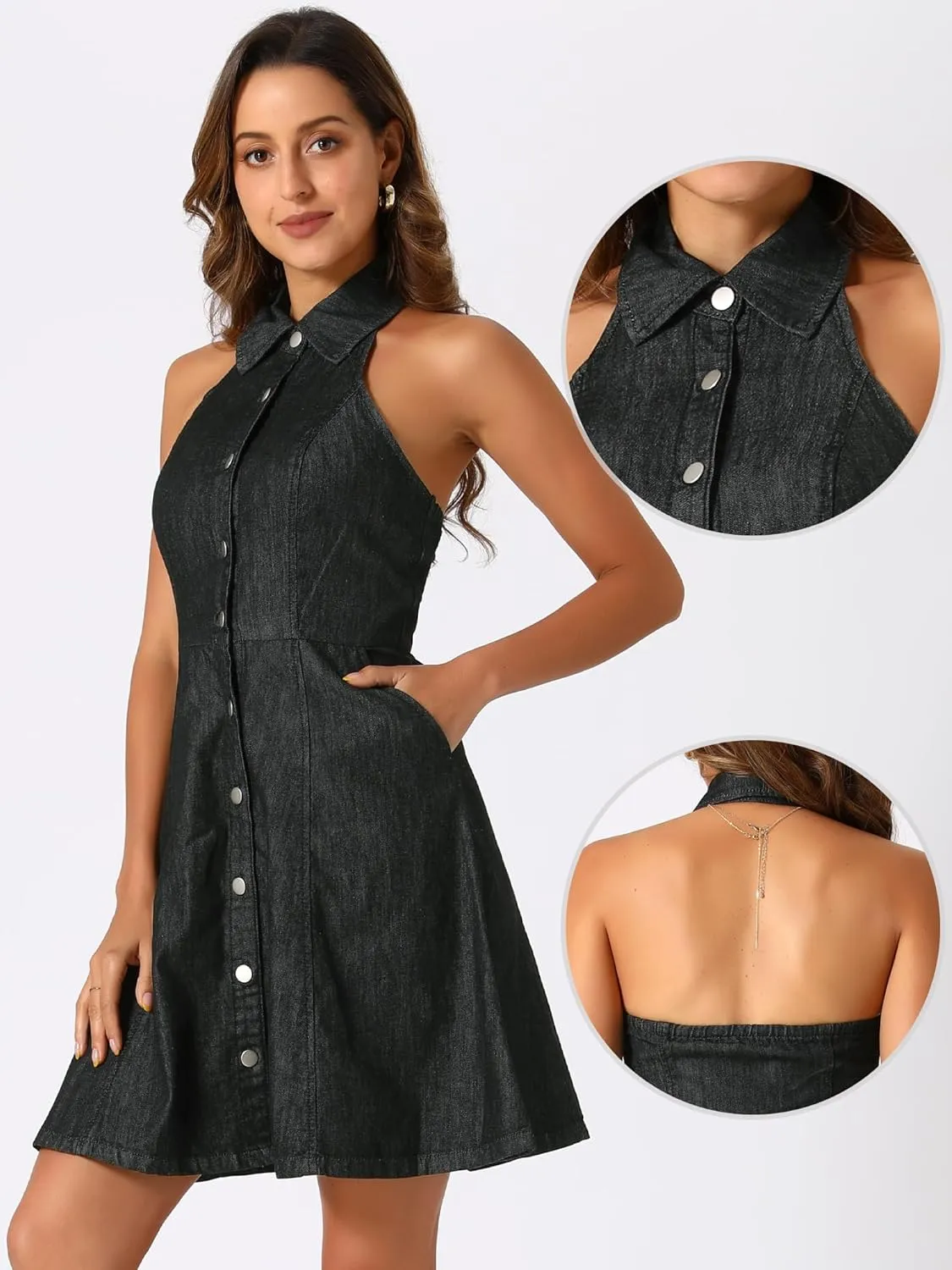 Allegra K Lightweight Denim Dresses for Women's Button Down Sleeveless Halter Neck Jean Dress
