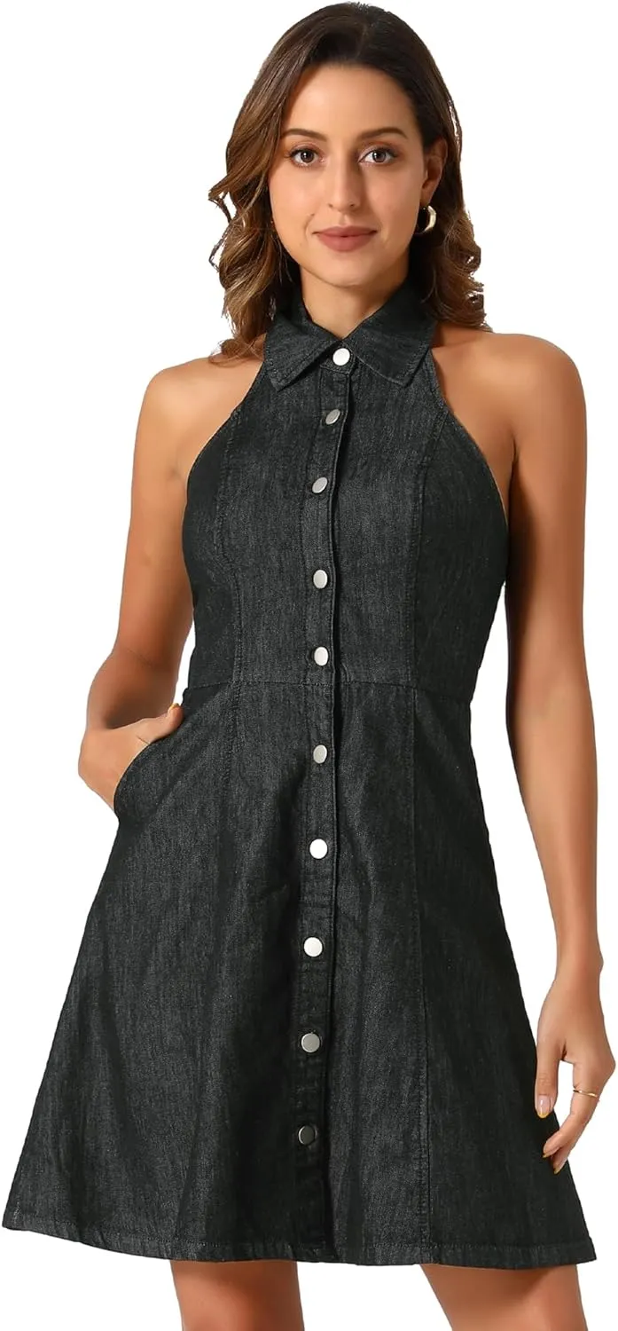 Allegra K Lightweight Denim Dresses for Women's Button Down Sleeveless Halter Neck Jean Dress