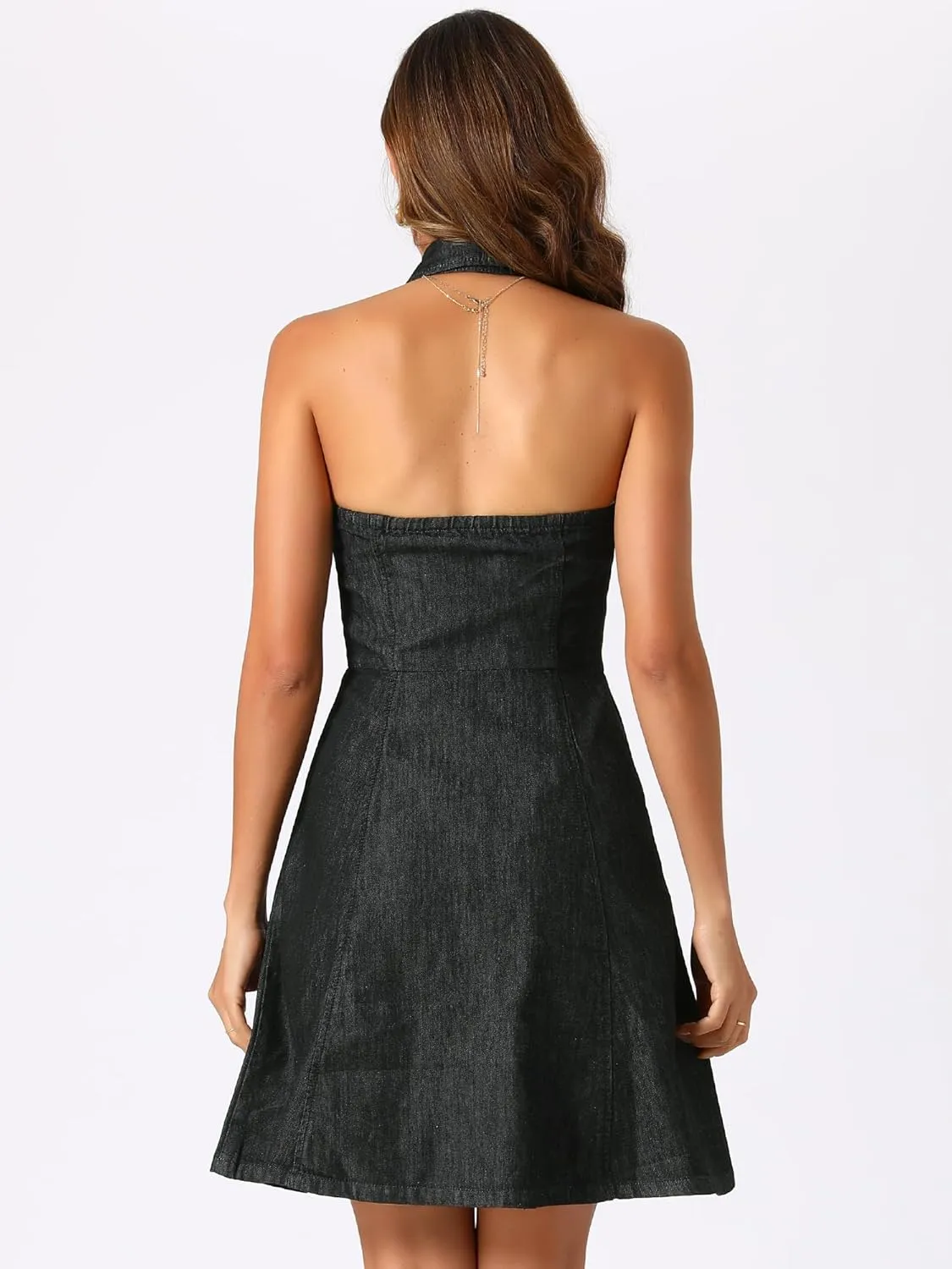 Allegra K Lightweight Denim Dresses for Women's Button Down Sleeveless Halter Neck Jean Dress