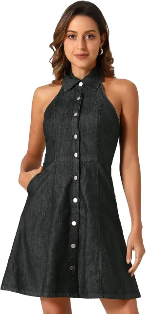 Allegra K Lightweight Denim Dresses for Women's Button Down Sleeveless Halter Neck Jean Dress