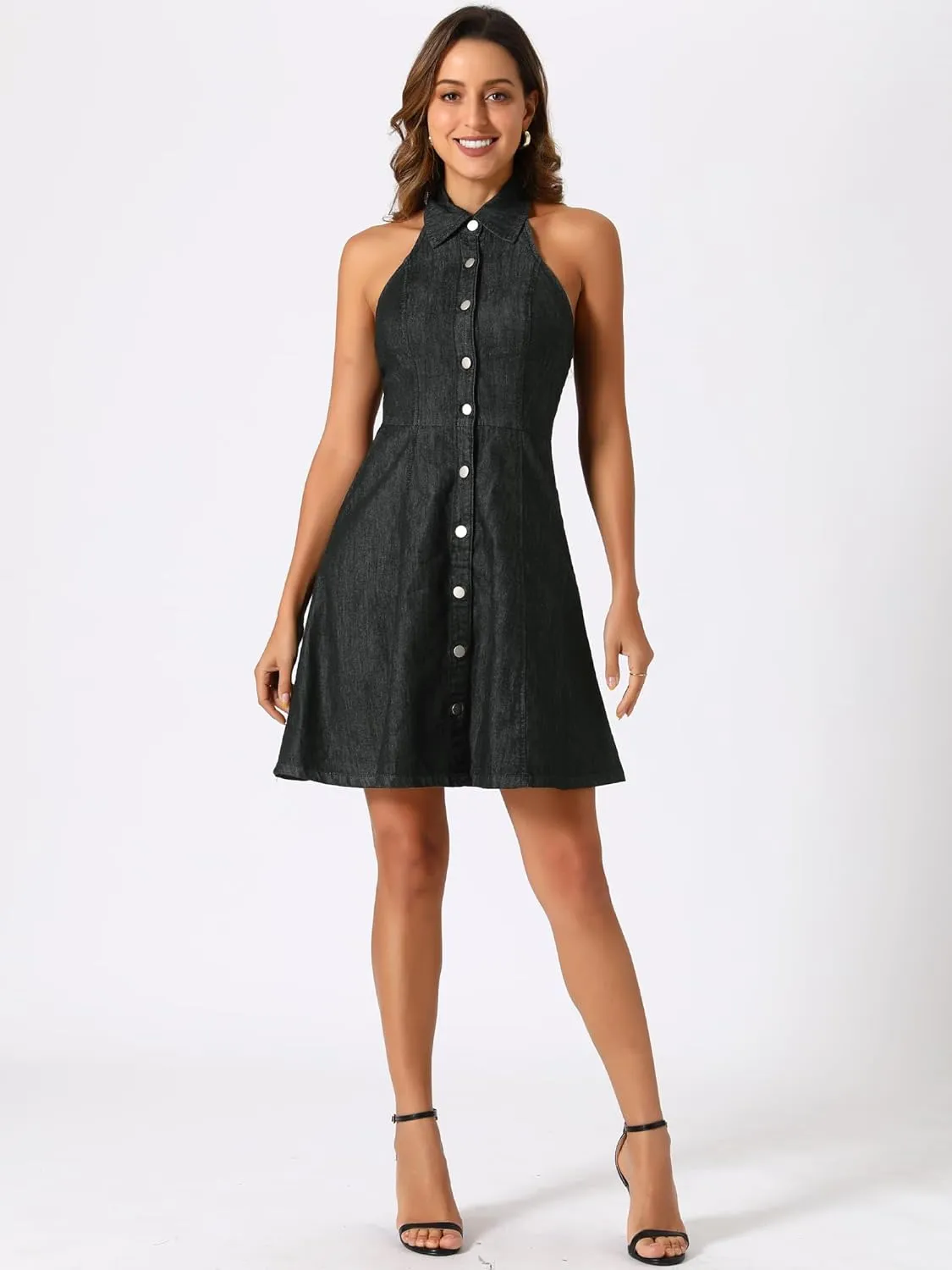 Allegra K Lightweight Denim Dresses for Women's Button Down Sleeveless Halter Neck Jean Dress