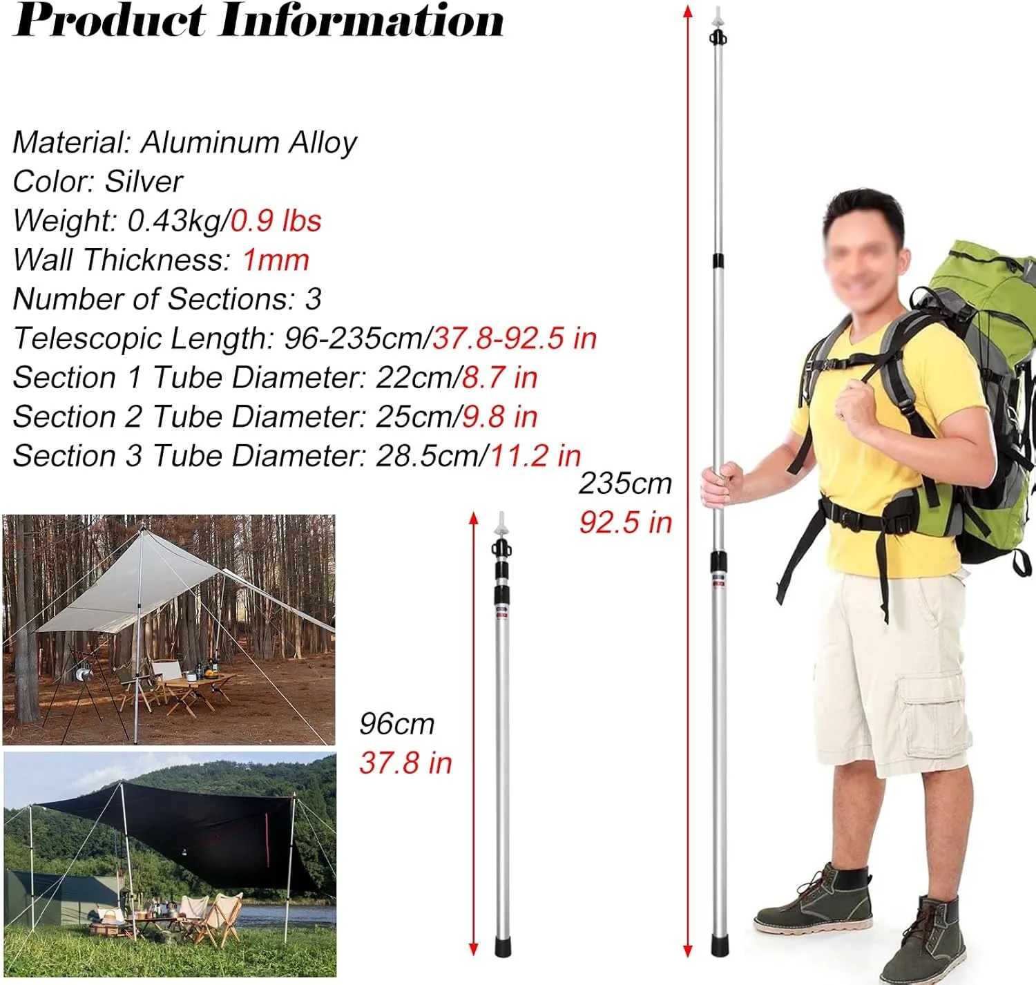 Aluminum Alloy Telescoping Tarp Poles, Lightweight Adjustable Tent Poles with Non-Slip Feet Covers, Portable Outdoor Camping Poles for Backpacking/Hiking(Silver-1 bar)