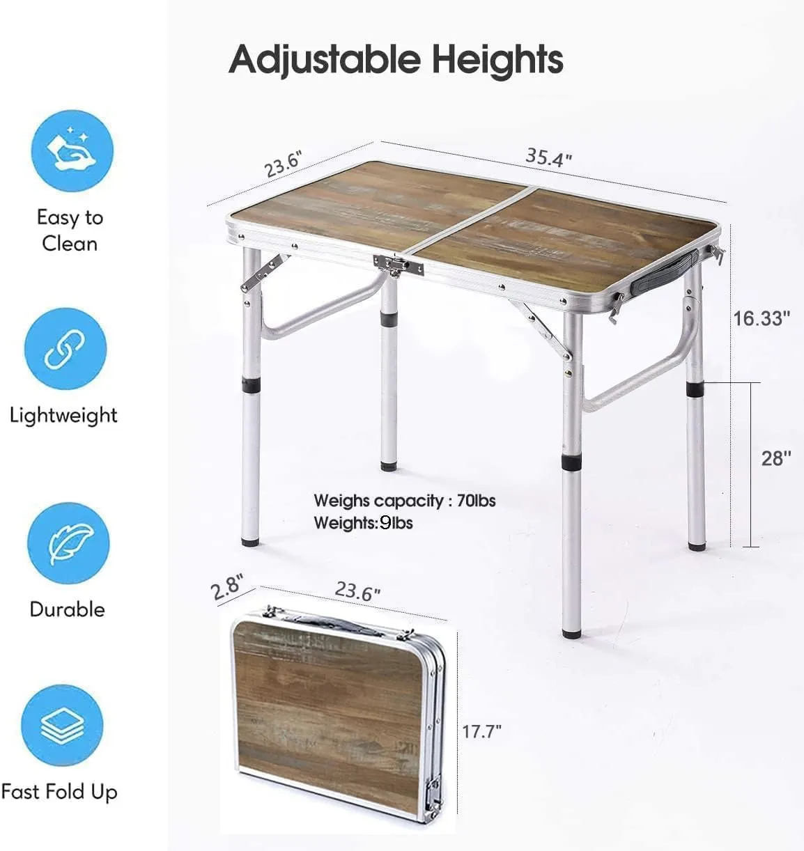 Aluminum Camp Table, Folding Table Portable,Lightweight,Foldable with 2 Adjustable Height, Indoor Outdoor Table for Cooking, Picnic, (2 Heights), 36''L x24''W