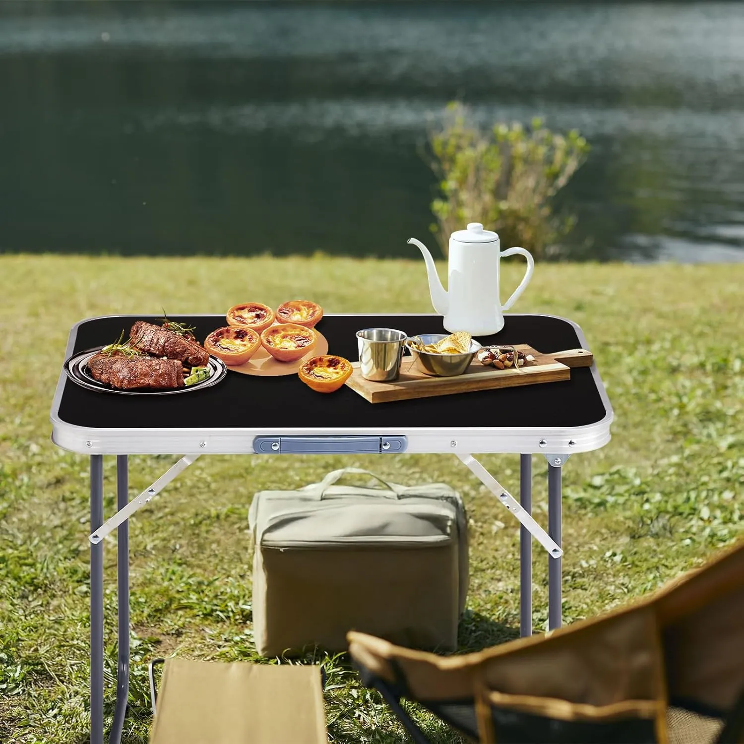 Aluminum Folding Camping Table 2.3ft – Portable Outdoor Picnic Table, Lightweight Black Foldable Table for Camping, RV, Beach, BBQ, Tailgating (Black)