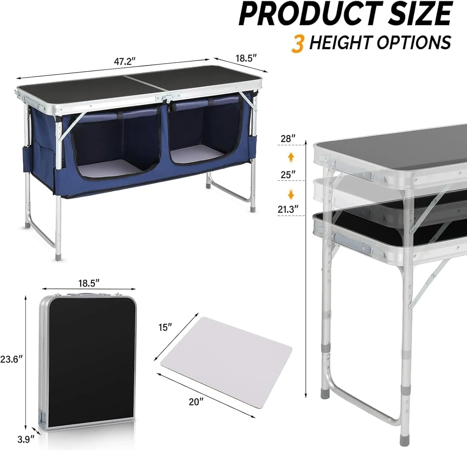 Aluminum Folding Camping Table, Portable Folding Cooking Station with Storage, Adjustable Height Indoor/Outdoor Dining Table for Picnic Beach BBQ Travel Party