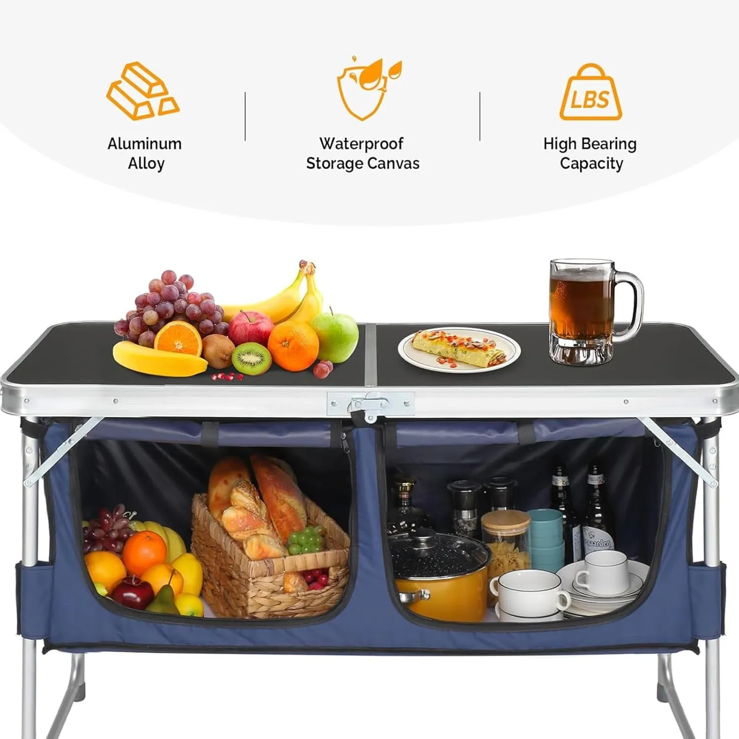 Aluminum Folding Camping Table, Portable Folding Cooking Station with Storage, Adjustable Height Indoor/Outdoor Dining Table for Picnic Beach BBQ Travel Party