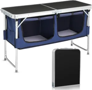 Aluminum Folding Camping Table, Portable Folding Cooking Station with Storage, Adjustable Height Indoor/Outdoor Dining Table for Picnic Beach BBQ Travel Party