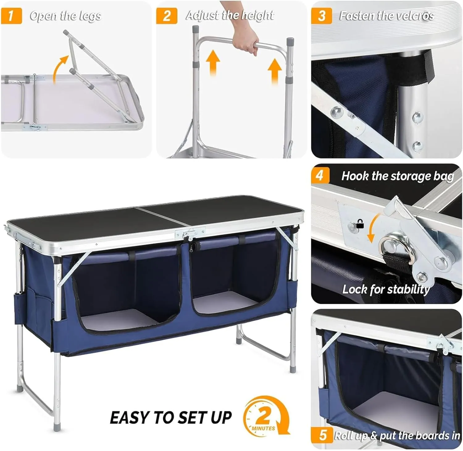 Aluminum Folding Camping Table, Portable Folding Cooking Station with Storage, Adjustable Height Indoor/Outdoor Dining Table for Picnic Beach BBQ Travel Party