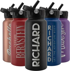 Amazing Items Personalized Water Bottle with Straw Lid, 32 oz - Jet Black | Custom Stainless Steel Sports Water Bottle w/Name and Text - Double Wall   Vacuum Insulated - Rotating Handle