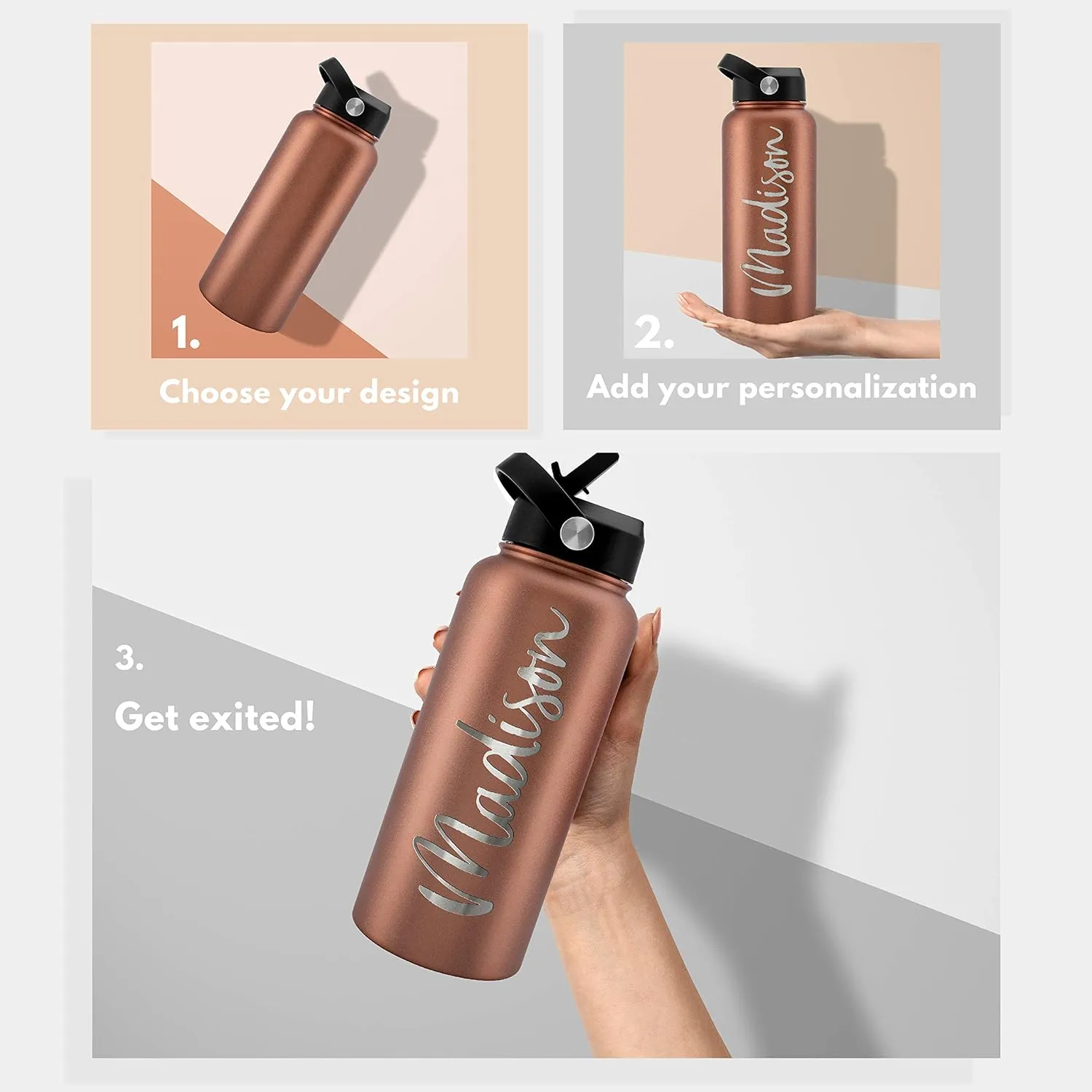 Amazing Items Personalized Water Bottle with Straw Lid, 32 oz - Jet Black | Custom Stainless Steel Sports Water Bottle w/Name and Text - Double Wall   Vacuum Insulated - Rotating Handle