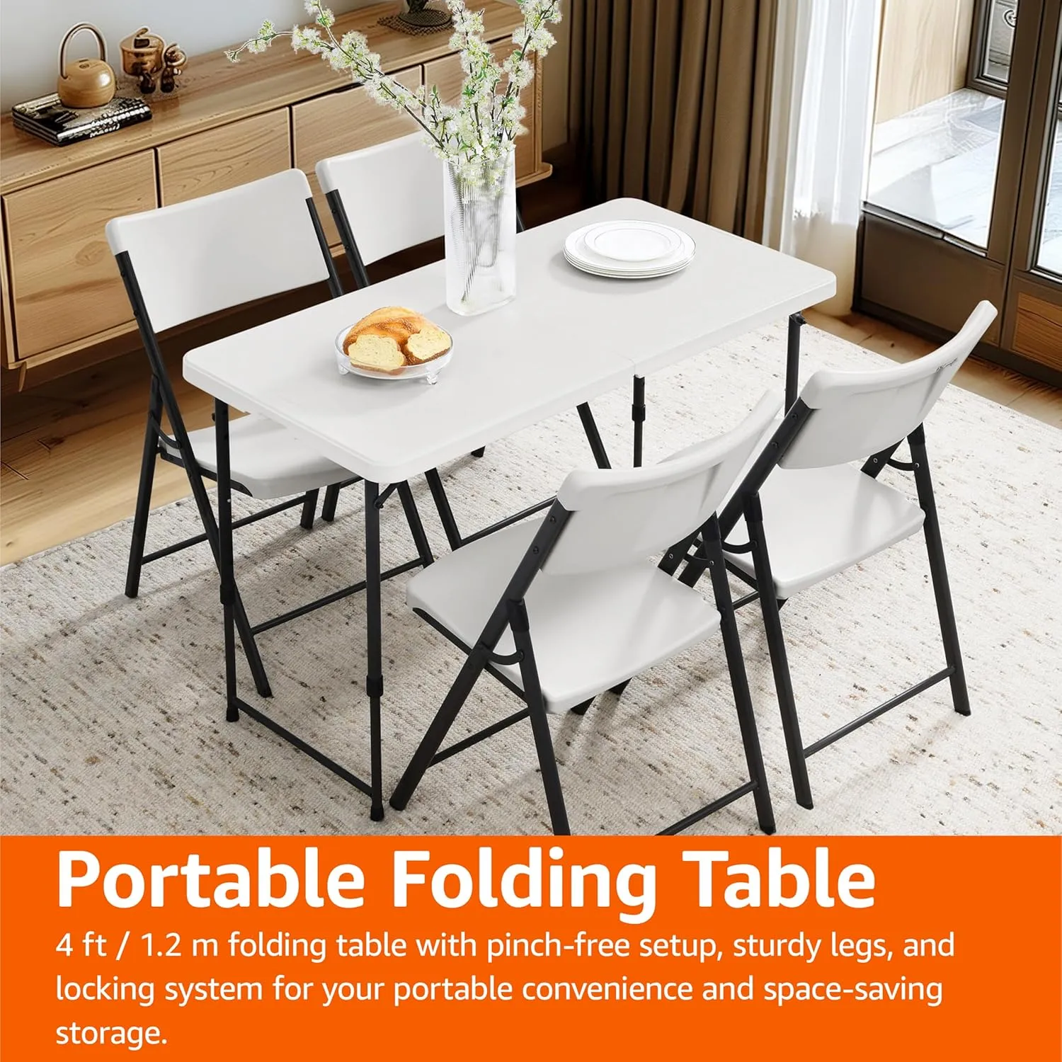 Amazon Basics 4 Foot Rectangular Folding Dining Table, 4 Adjustable Height Settings with Carrying Handle, Indoor & Outdoor, White, 47.8 x 23.9 x 33.9 in