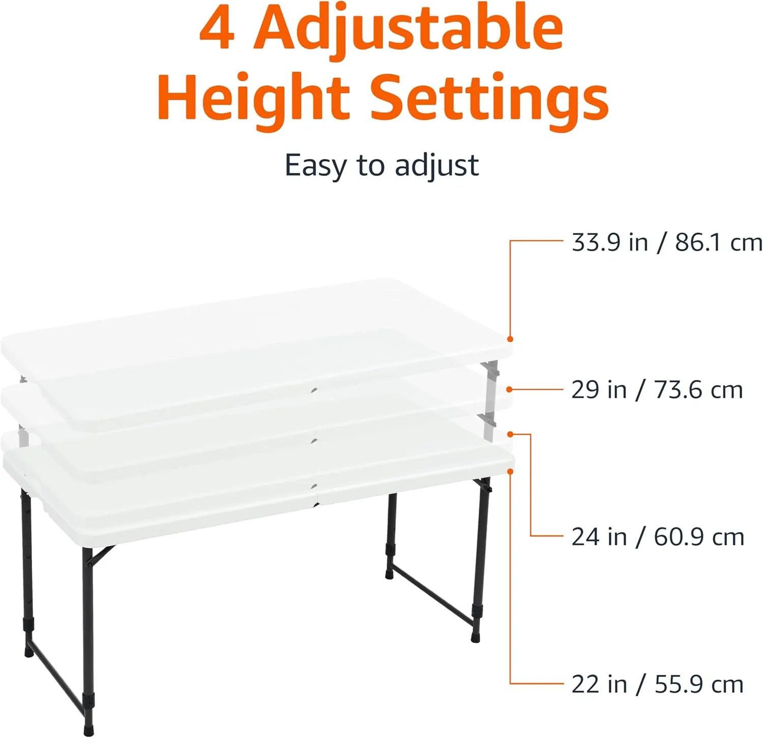 Amazon Basics 4 Foot Rectangular Folding Dining Table, 4 Adjustable Height Settings with Carrying Handle, Indoor & Outdoor, White, 47.8 x 23.9 x 33.9 in