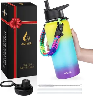 AMITER 32oz Insulated Bottle with Straw & Spout Lid, Wide Mouth Stainless Steel Water Bottles with Paracord Handle