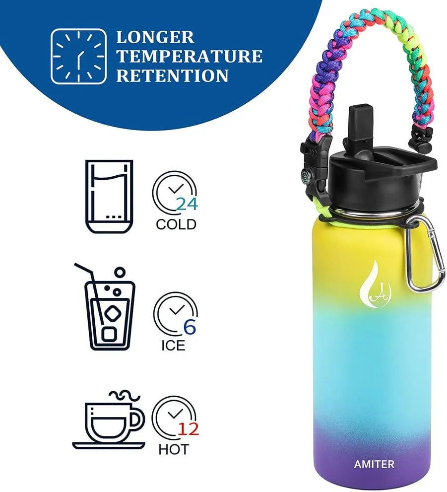 AMITER 32oz Insulated Bottle with Straw & Spout Lid, Wide Mouth Stainless Steel Water Bottles with Paracord Handle