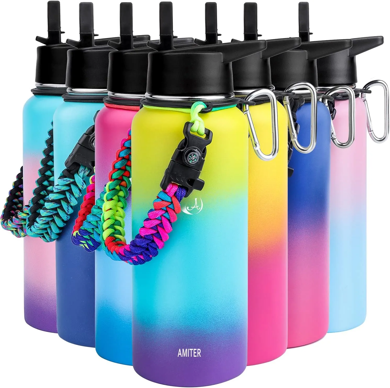 AMITER 32oz Insulated Bottle with Straw & Spout Lid, Wide Mouth Stainless Steel Water Bottles with Paracord Handle