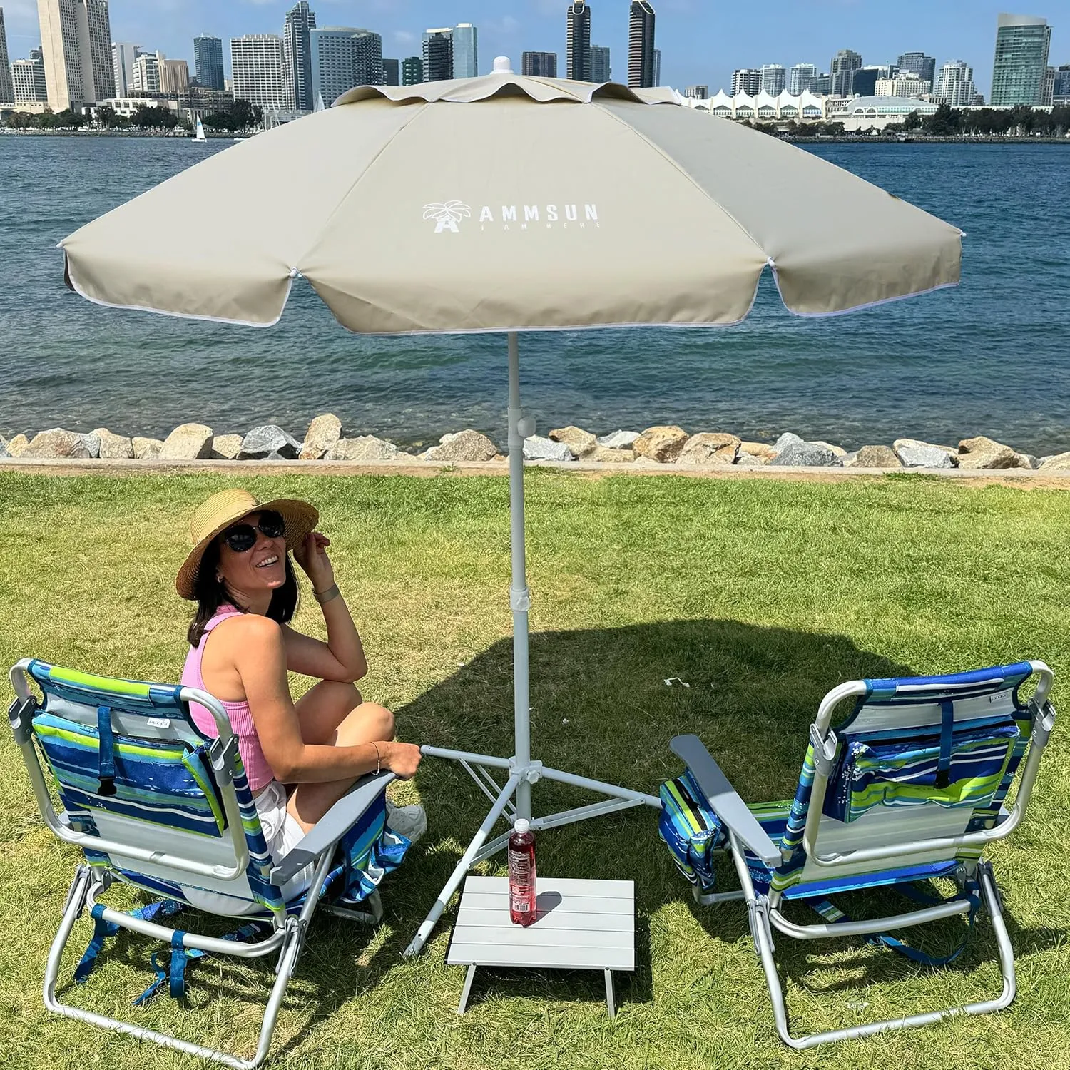 AMMSUN Shade Umbrella, Premium Portable Umbrella with Stand, 6.5ft Lightweight Free Standing Canopy for Sporting Games, Adjustable Instant Sun Protection and Easy to Carry, Beige