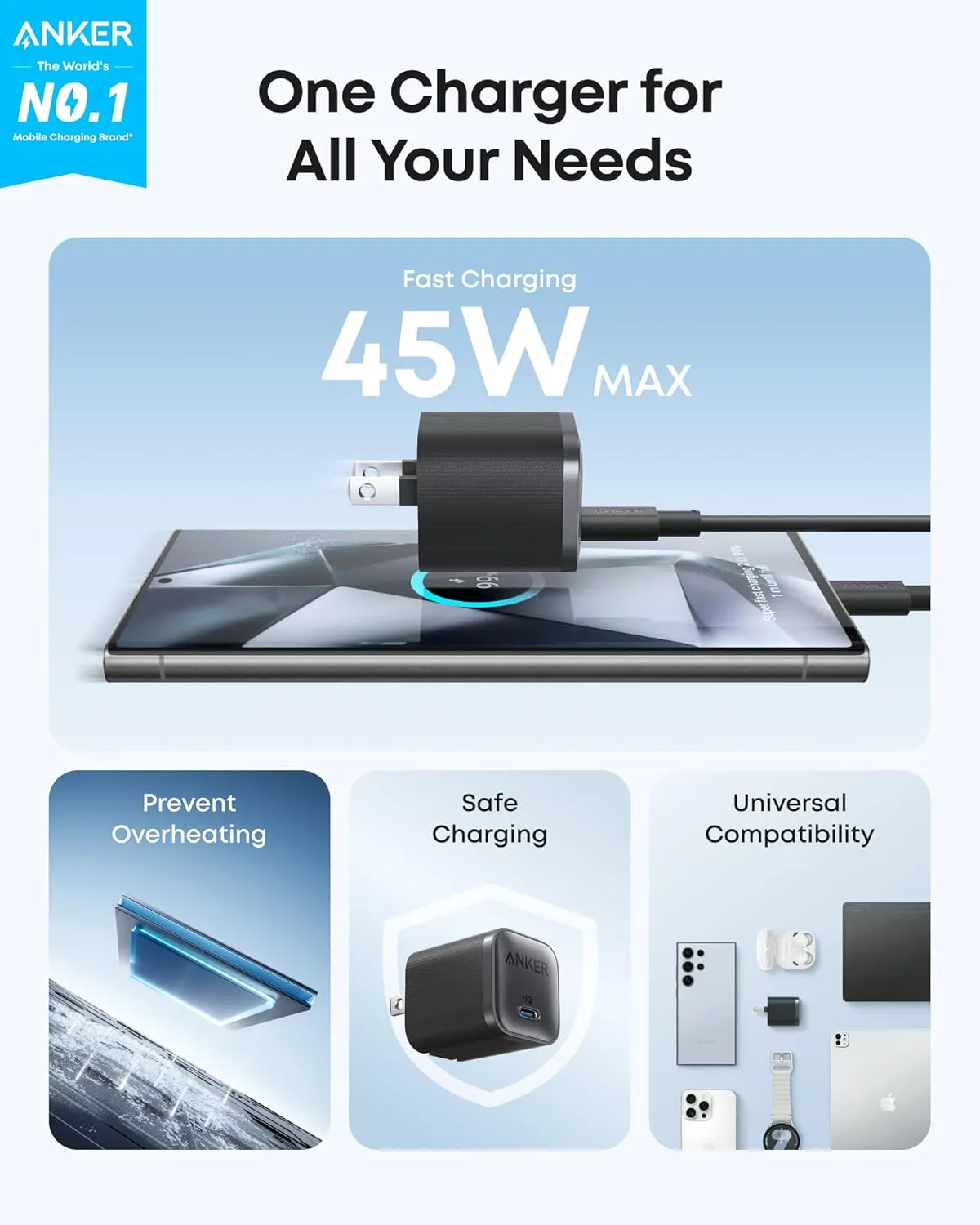 Anker Nano 45W Type C Charger Fast Charging, Compact and Foldable Plug USB C Charger Block for Samsung Galaxy S25 Ultra/S24 Series, iPhone 16 Series, MacBook, Pixel 9, iPad (6 ft Cable Included)