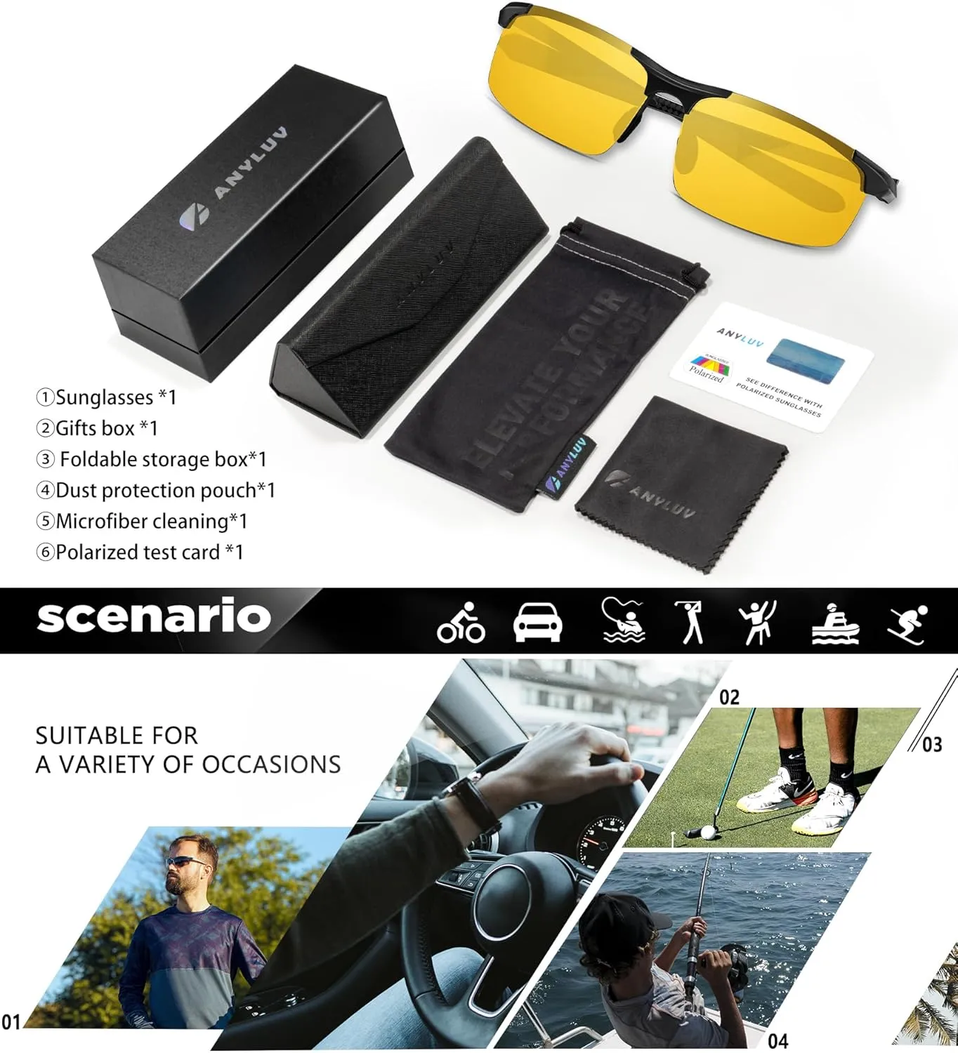 ANYLUV Polarized Sunglasses-Men Mens-Sunglasses Sport: Carbon Fiber Lightweight Sun Glasses Al-Mg UV400 Fishing Driving Golf
