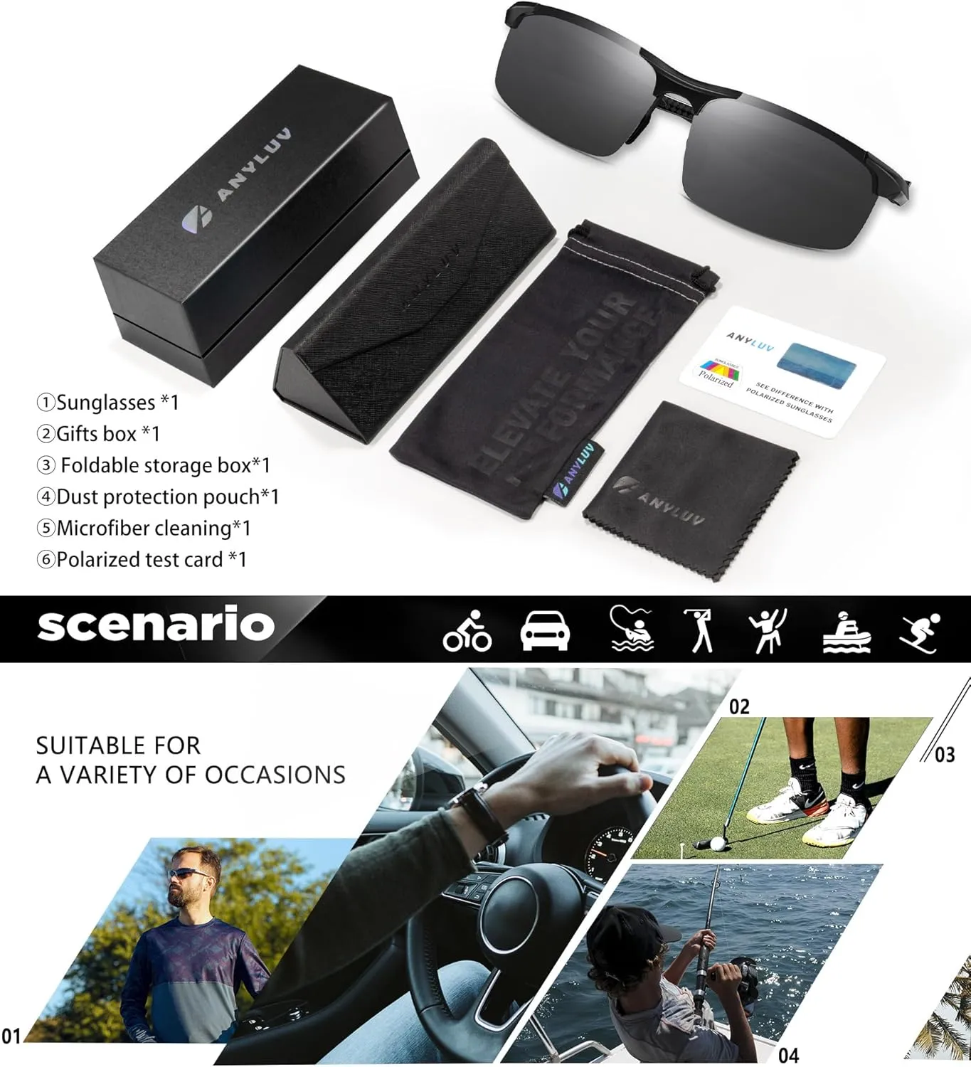 ANYLUV Polarized Sunglasses-Men Mens-Sunglasses Sport: Carbon Fiber Lightweight Sun Glasses Al-Mg UV400 Fishing Driving Golf