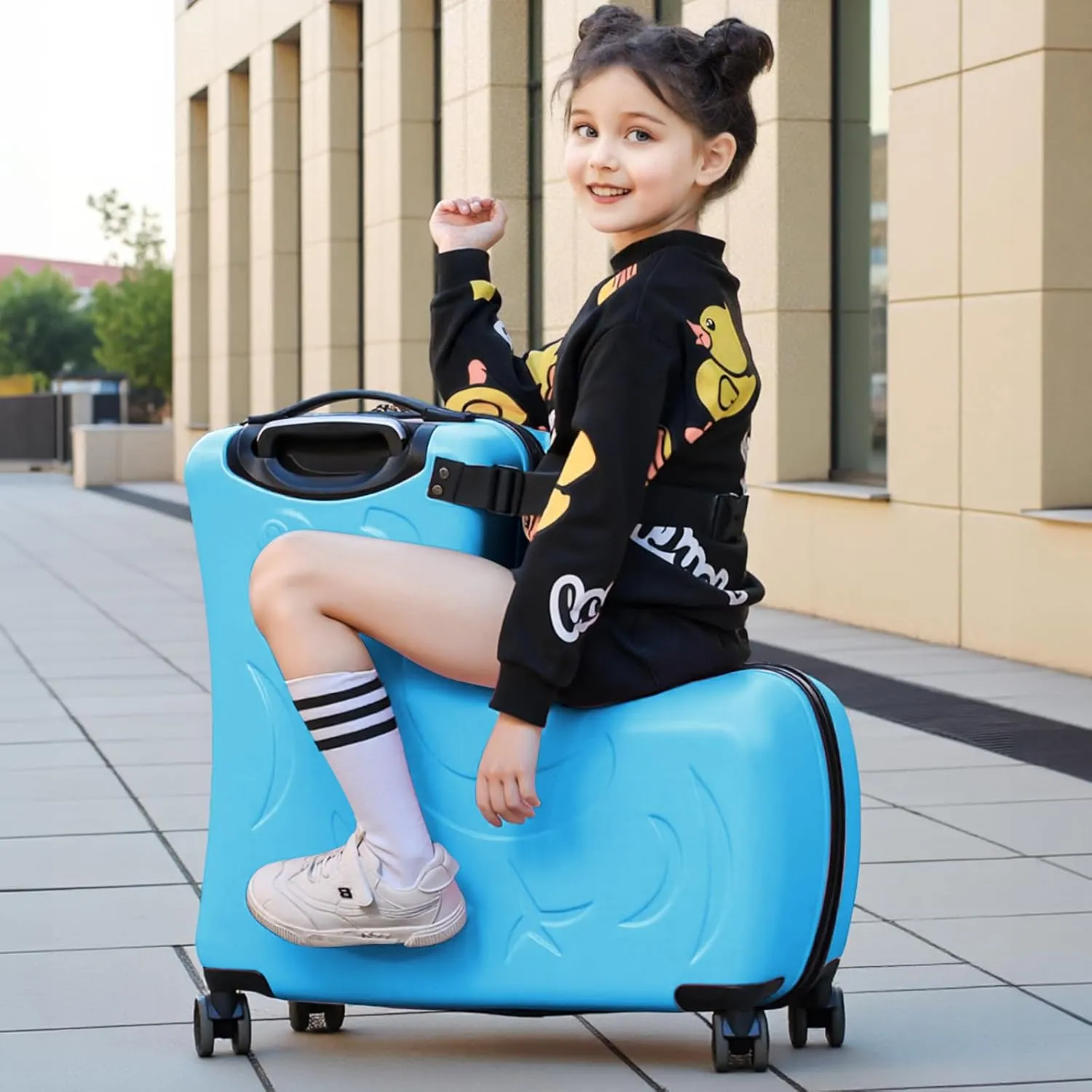 AO WEI LA OW Duffel Bag for Kids Ride-On Suitcase Carry-On Luggage with Wheels (Blue, 20 Inch（suggest 1-6 years old)