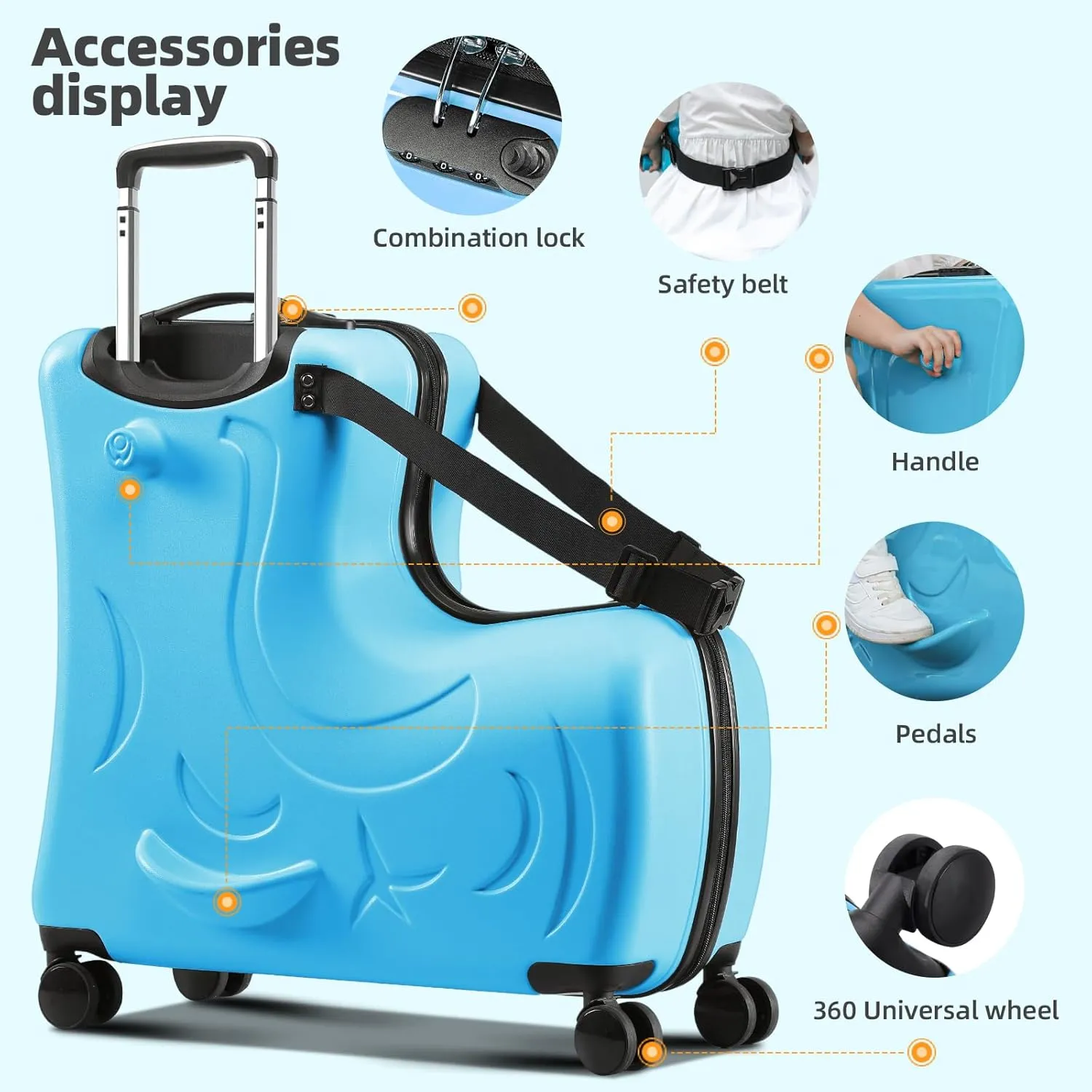 AO WEI LA OW Duffel Bag for Kids Ride-On Suitcase Carry-On Luggage with Wheels (Blue, 20 Inch（suggest 1-6 years old)