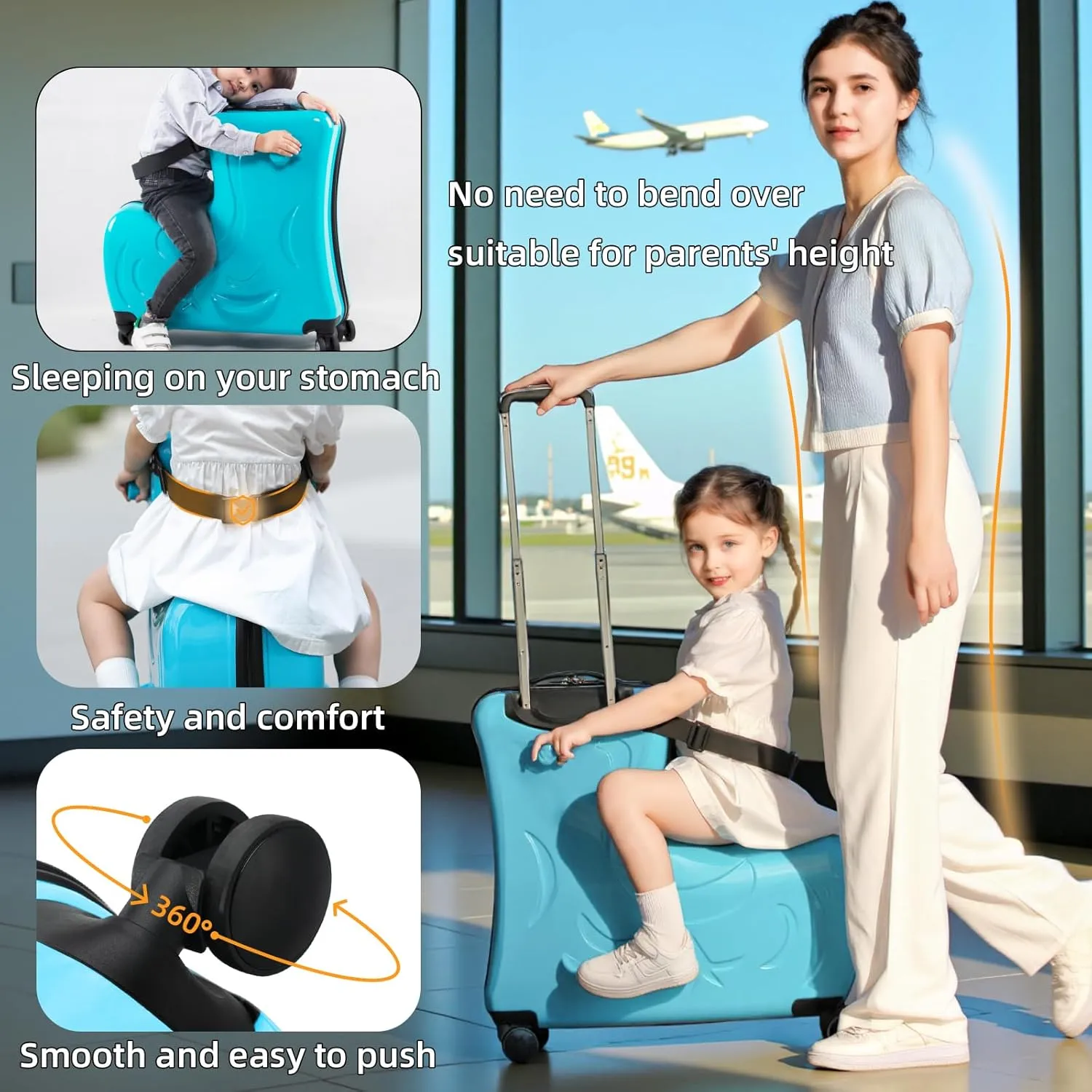AO WEI LA OW Duffel Bag for Kids Ride-On Suitcase Carry-On Luggage with Wheels (Blue, 20 Inch（suggest 1-6 years old)