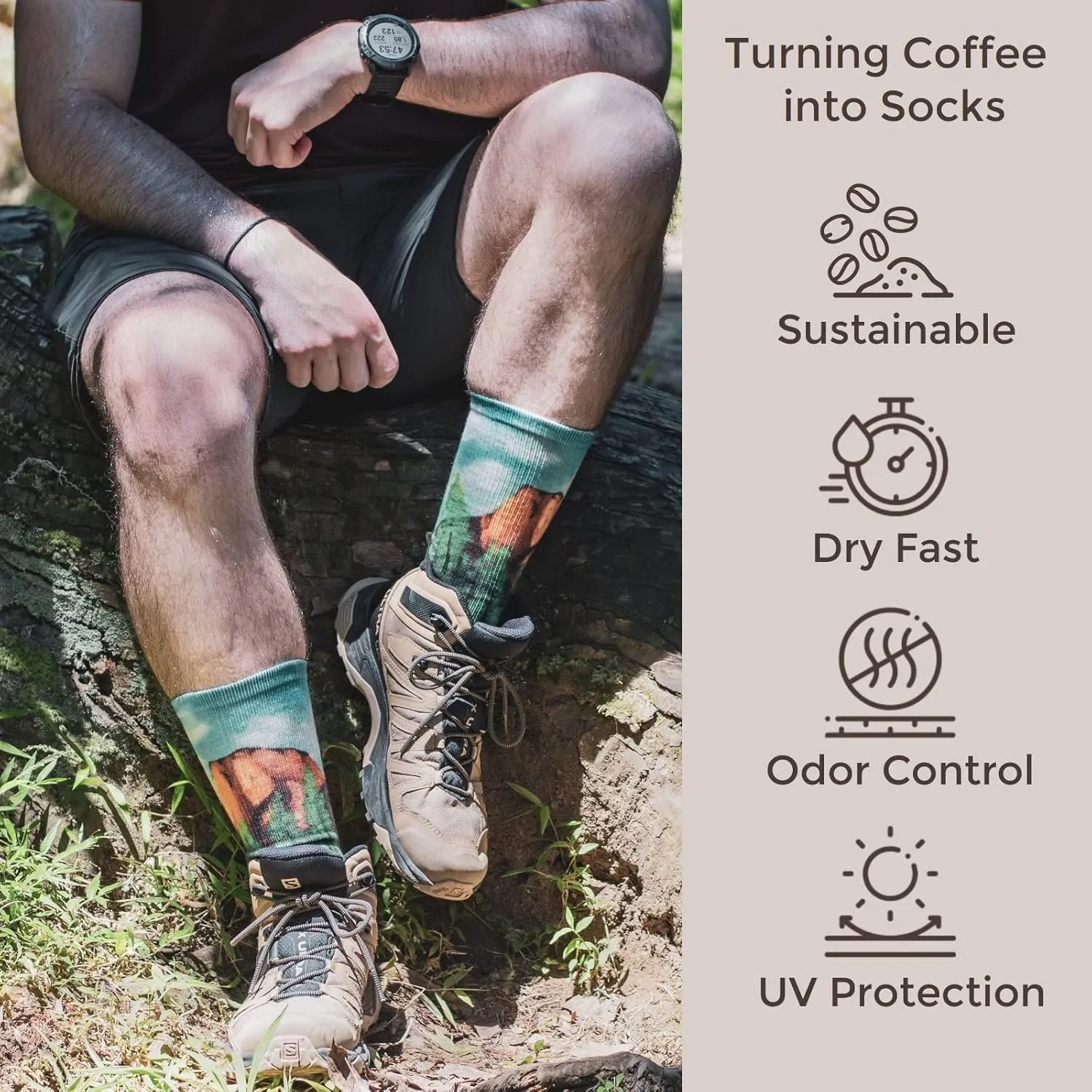 APRIME ECO-CAFE Crew Cushion Outdoor Socks Made from Coffee Grounds for Hiking, Trail Running, Climbing and Cycling