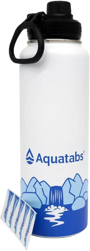Aquatabs Insulated Stainless Steel Water Purifier Water Bottle with 100 Water Purification Tablets, BPA Free Water Purification Bottle Alternative to Filtered Water Bottle.