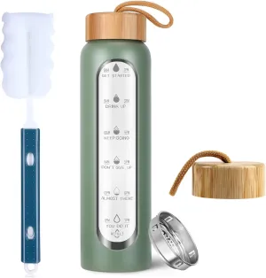 Aqulea 32 Oz Borosilicate Glass Water Bottle with Times to Drink | BPA Free - Reusable Wide Mouth Glass Motivational Water Bottles with Infuser & Silicone Sleeve - Bundle with 1 Replacement Lid