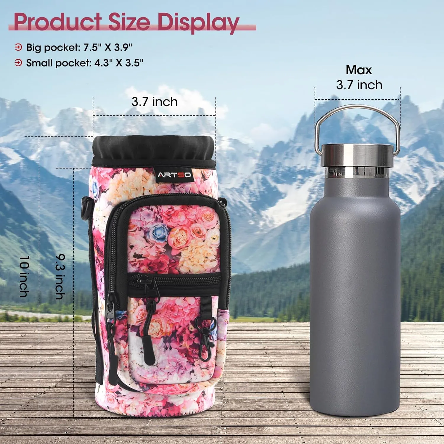 ARTSO Water Bottle Carrier Bag Sling Holder Pouch, 25oz 32oz 40oz 64oz Insulated Water Bottle Sleeve Case Cover with Adjustable Shoulder Hand Strap Pocket for Hiking Camping, Colorful flowers