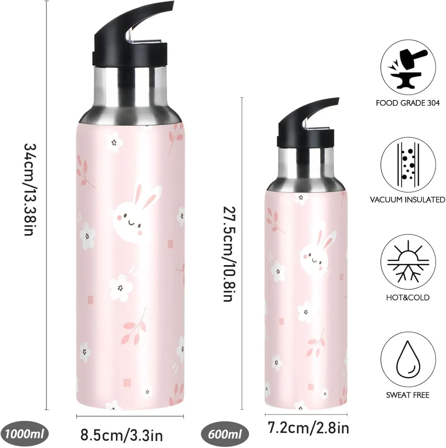 Aslsiy 20oz Sports Water Bottle White Bunny Rabbit Insulated Water Bottle Flower Pink Stainless Steel Gym Bottle Metal Water Flask Thermos