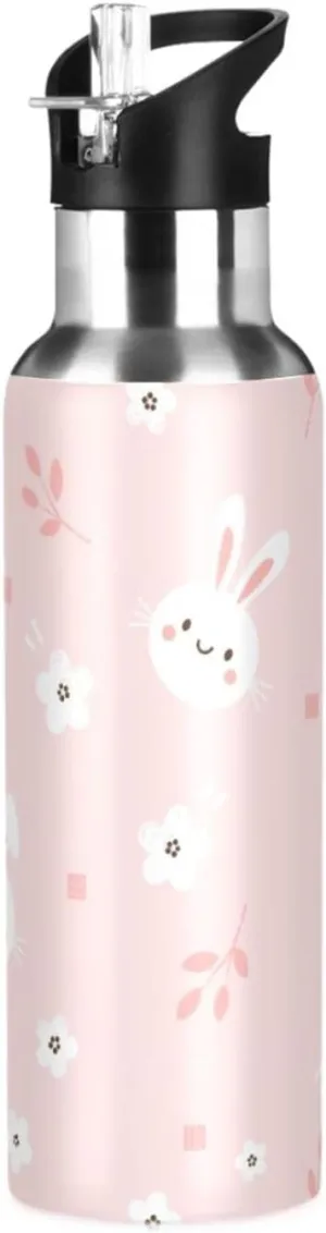 Aslsiy 20oz Sports Water Bottle White Bunny Rabbit Insulated Water Bottle Flower Pink Stainless Steel Gym Bottle Metal Water Flask Thermos