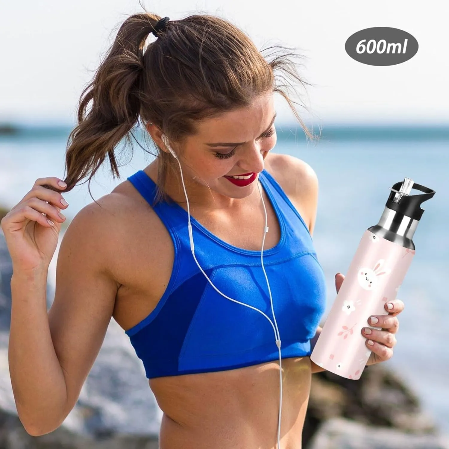 Aslsiy 20oz Sports Water Bottle White Bunny Rabbit Insulated Water Bottle Flower Pink Stainless Steel Gym Bottle Metal Water Flask Thermos