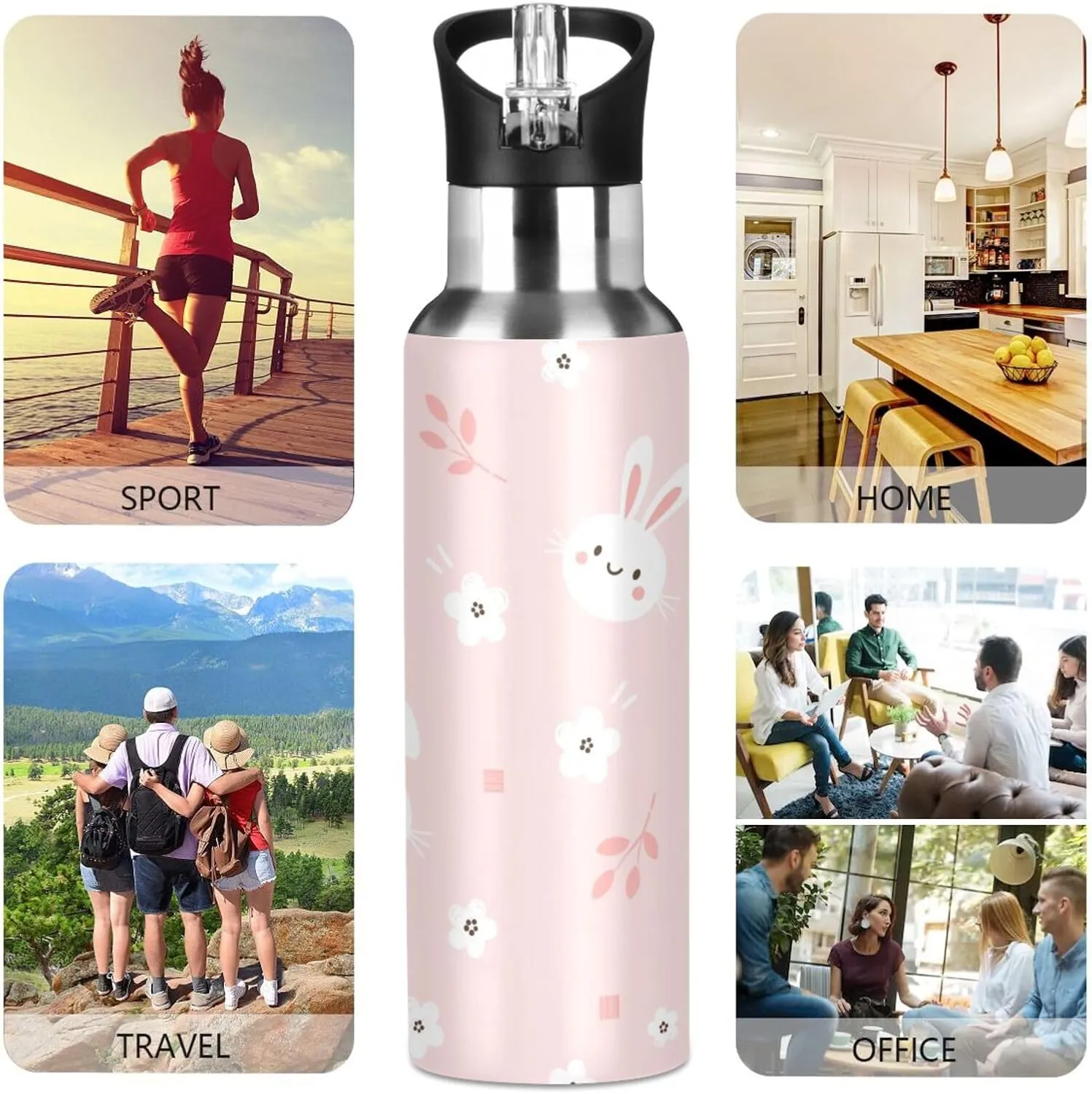 Aslsiy 20oz Sports Water Bottle White Bunny Rabbit Insulated Water Bottle Flower Pink Stainless Steel Gym Bottle Metal Water Flask Thermos