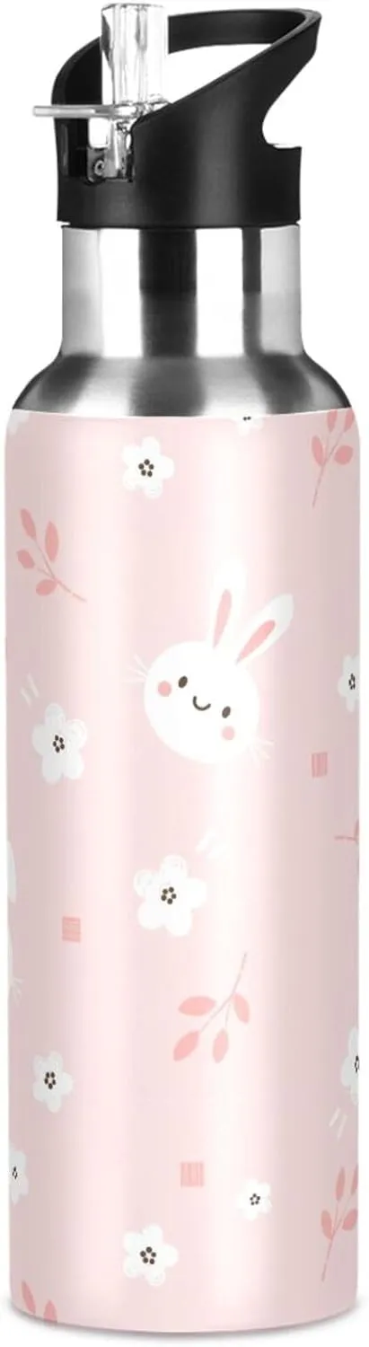 Aslsiy 20oz Sports Water Bottle White Bunny Rabbit Insulated Water Bottle Flower Pink Stainless Steel Gym Bottle Metal Water Flask Thermos