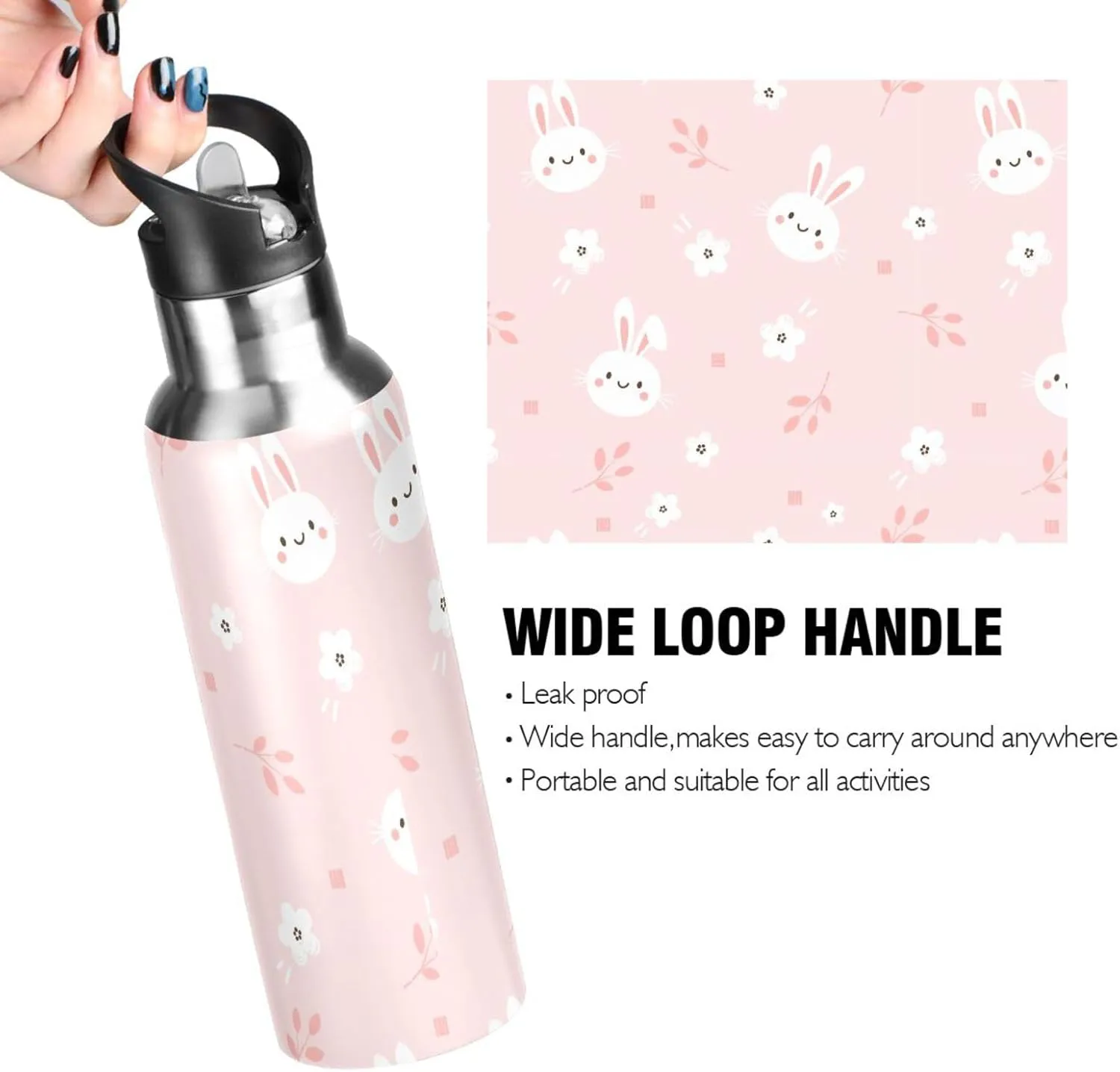 Aslsiy 20oz Sports Water Bottle White Bunny Rabbit Insulated Water Bottle Flower Pink Stainless Steel Gym Bottle Metal Water Flask Thermos