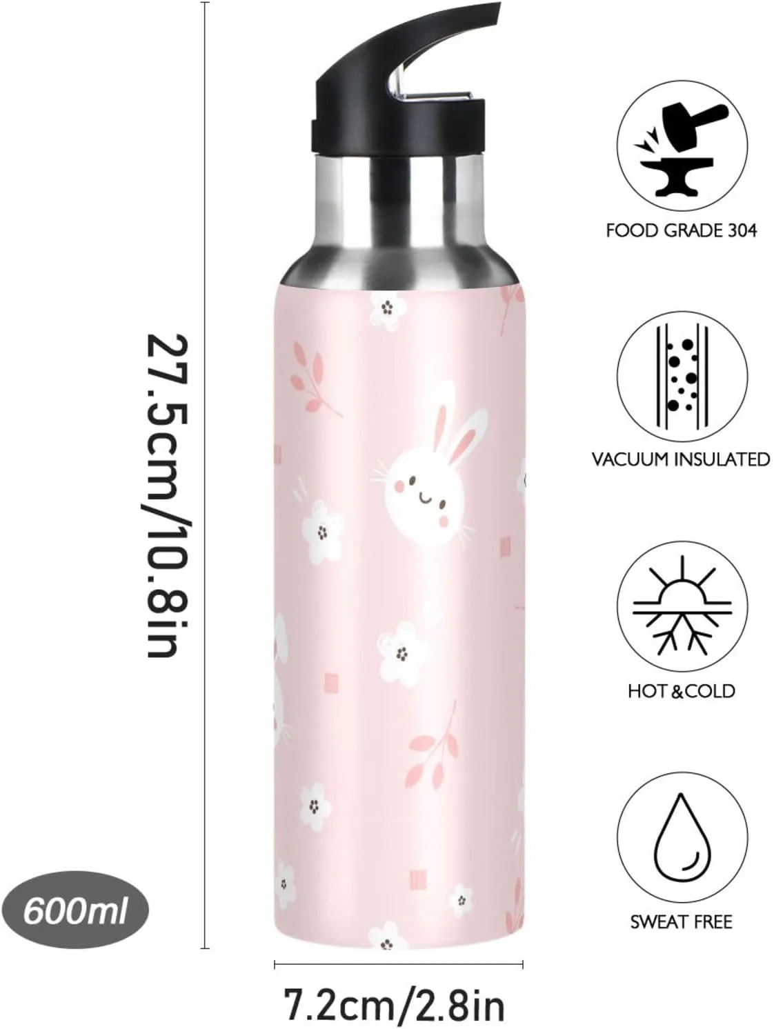 Aslsiy 20oz Sports Water Bottle White Bunny Rabbit Insulated Water Bottle Flower Pink Stainless Steel Gym Bottle Metal Water Flask Thermos