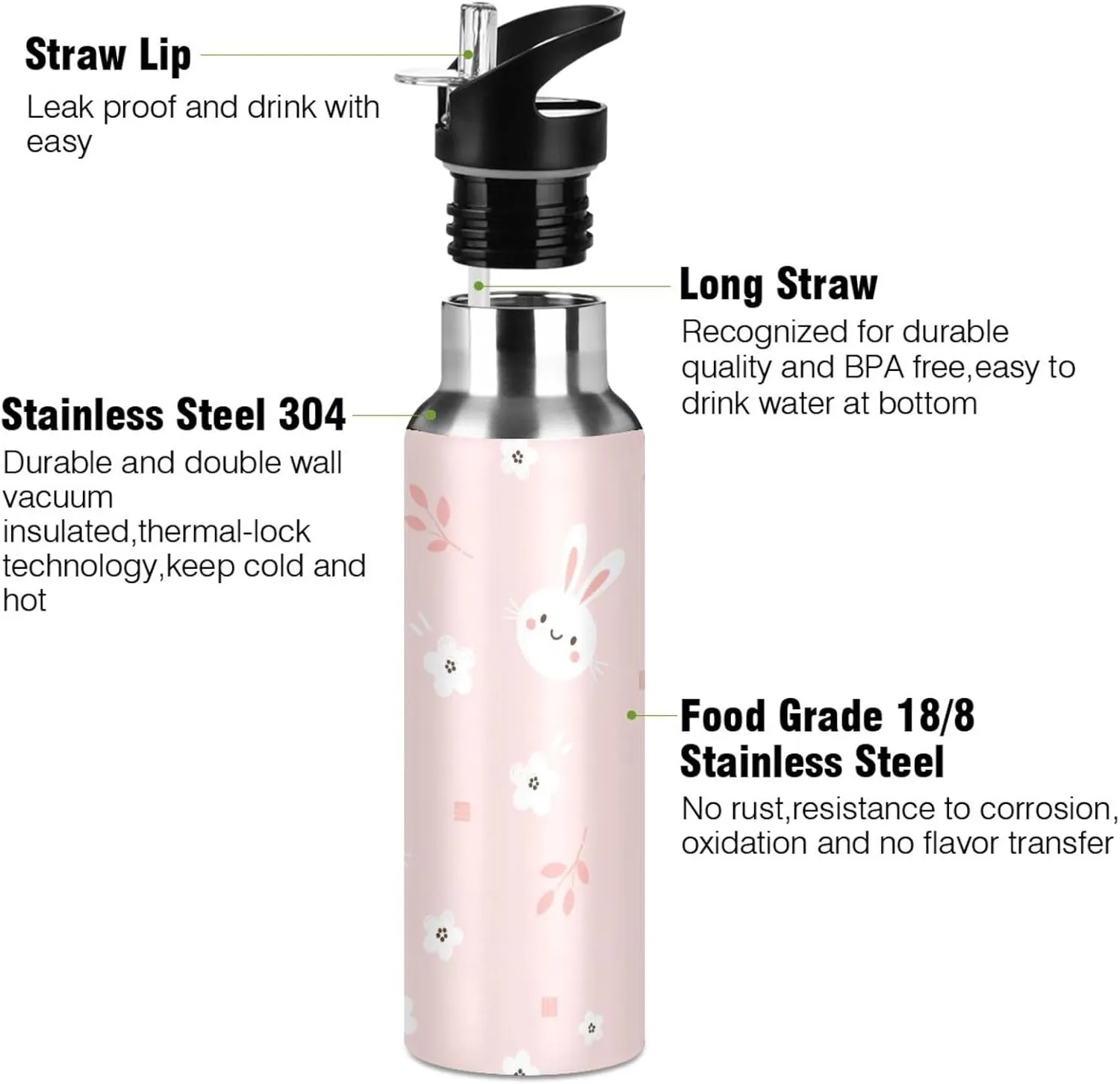 Aslsiy 20oz Sports Water Bottle White Bunny Rabbit Insulated Water Bottle Flower Pink Stainless Steel Gym Bottle Metal Water Flask Thermos