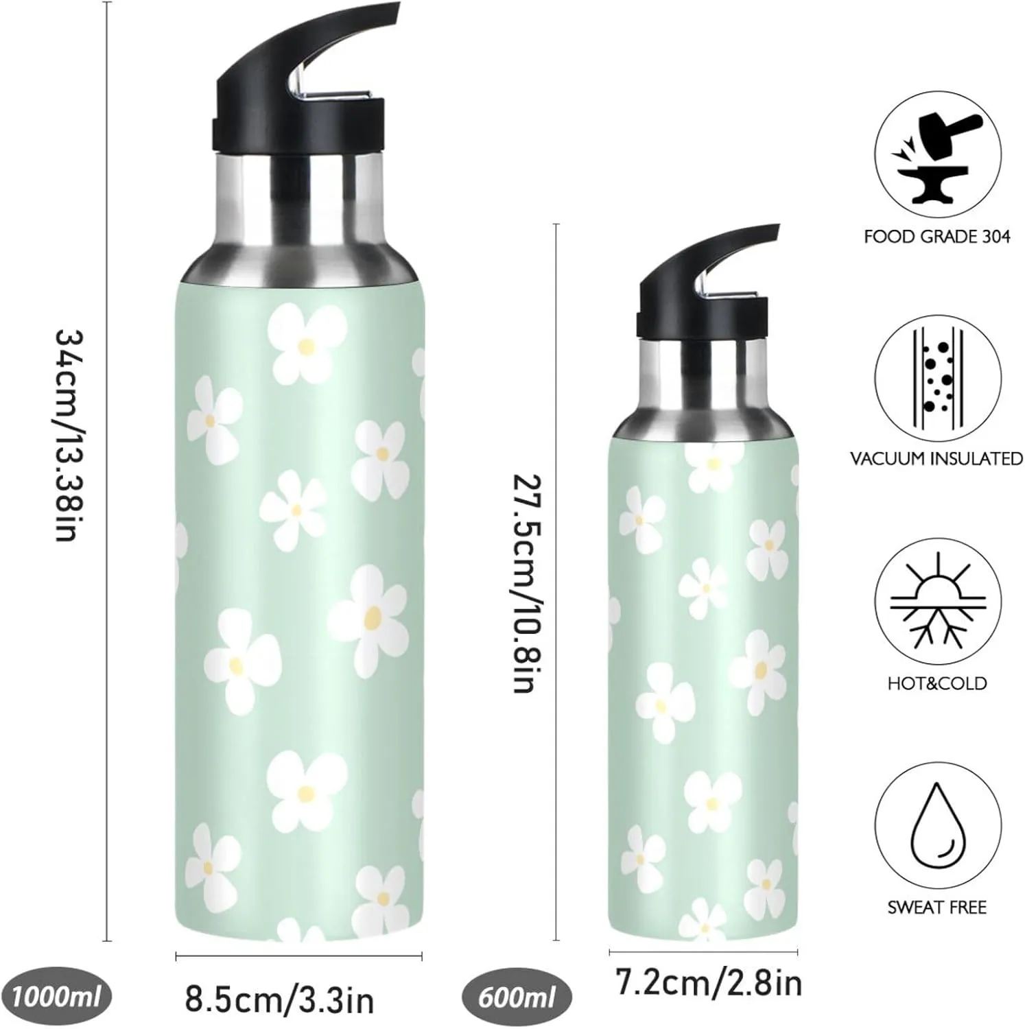 Aslsiy 20oz Sports Water Bottle White Flowers Insulated Water Bottle Light Green Stainless Steel Gym Bottle Metal Water Flask Thermos