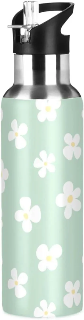 Aslsiy 20oz Sports Water Bottle White Flowers Insulated Water Bottle Light Green Stainless Steel Gym Bottle Metal Water Flask Thermos