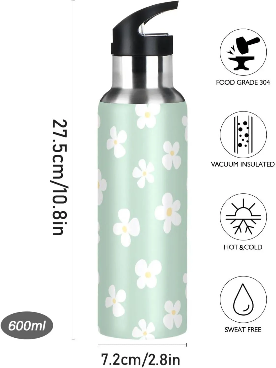 Aslsiy 20oz Sports Water Bottle White Flowers Insulated Water Bottle Light Green Stainless Steel Gym Bottle Metal Water Flask Thermos
