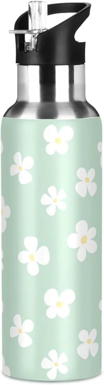 Aslsiy 20oz Sports Water Bottle White Flowers Insulated Water Bottle Light Green Stainless Steel Gym Bottle Metal Water Flask Thermos