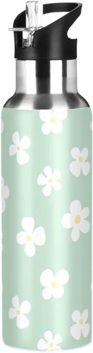 Aslsiy 20oz Sports Water Bottle White Flowers Insulated Water Bottle Light Green Stainless Steel Gym Bottle Metal Water Flask Thermos
