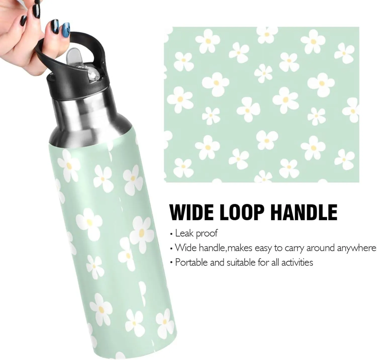 Aslsiy 20oz Sports Water Bottle White Flowers Insulated Water Bottle Light Green Stainless Steel Gym Bottle Metal Water Flask Thermos