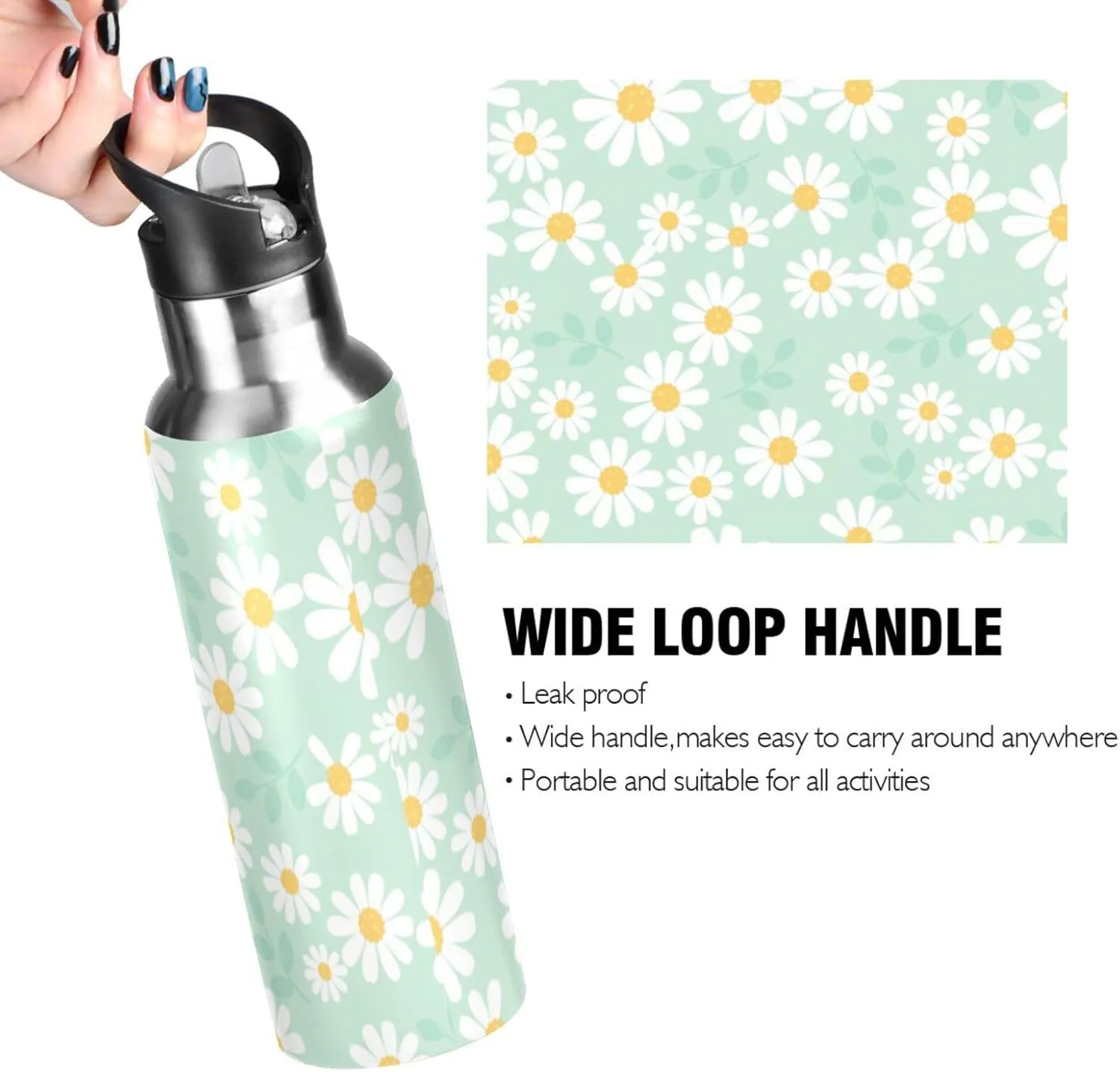 Aslsiy 32oz Water Bottle with Straw Daisy Flower Field Mint Green Insulated Sports Bottle Stainless Steel Gym Bottle Water Flask Metal Thermos for Cycling Hiking