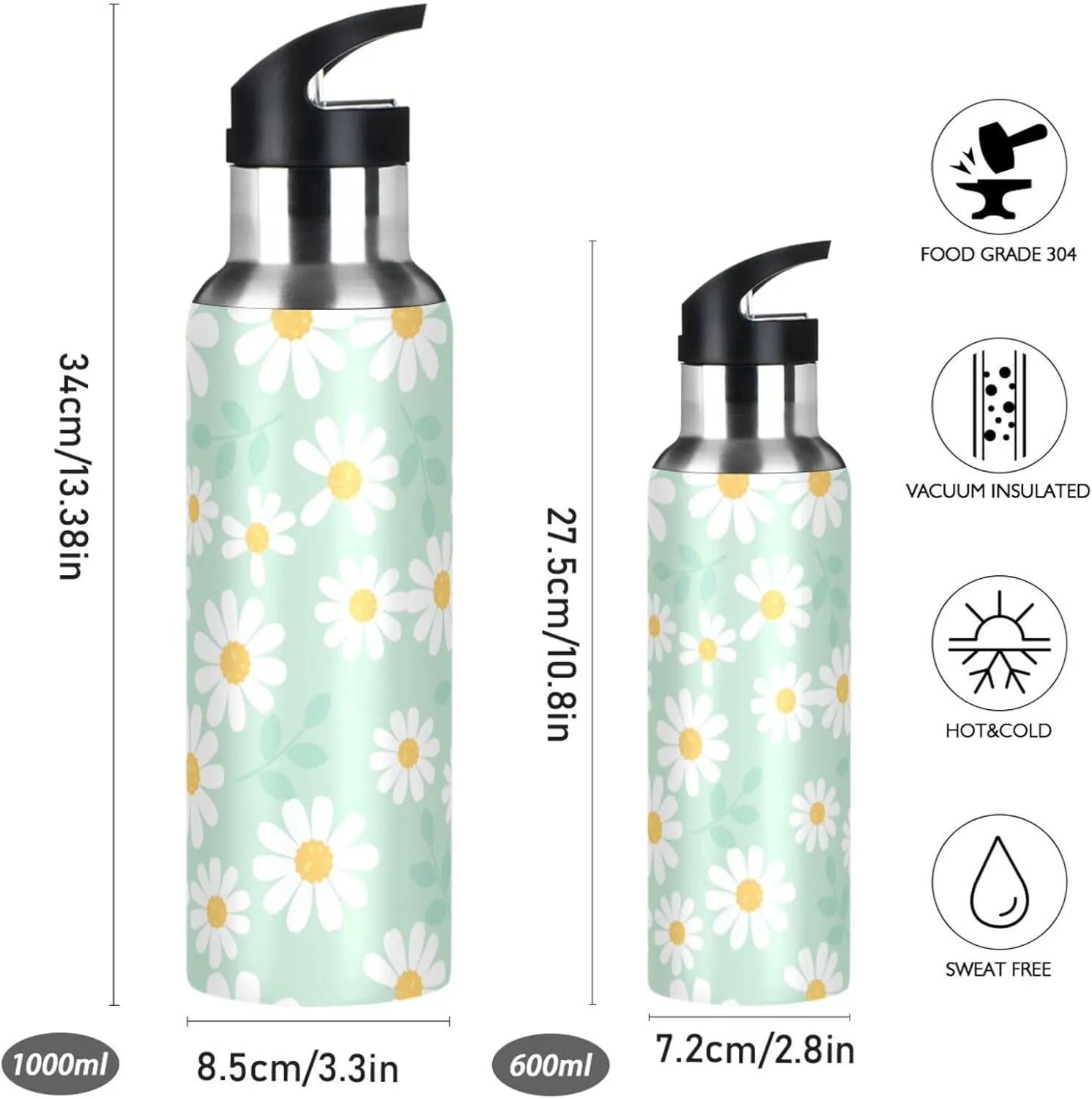 Aslsiy 32oz Water Bottle with Straw Daisy Flower Field Mint Green Insulated Sports Bottle Stainless Steel Gym Bottle Water Flask Metal Thermos for Cycling Hiking