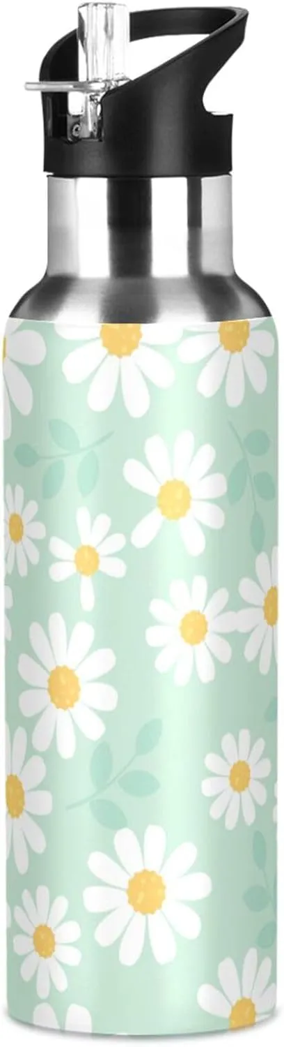 Aslsiy 32oz Water Bottle with Straw Daisy Flower Field Mint Green Insulated Sports Bottle Stainless Steel Gym Bottle Water Flask Metal Thermos for Cycling Hiking