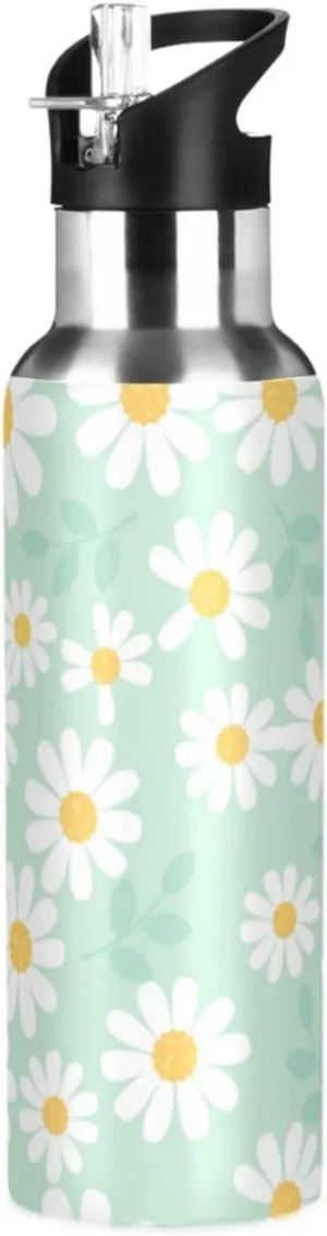 Aslsiy 32oz Water Bottle with Straw Daisy Flower Field Mint Green Insulated Sports Bottle Stainless Steel Gym Bottle Water Flask Metal Thermos for Cycling Hiking
