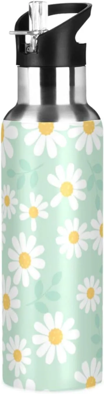 Aslsiy 32oz Water Bottle with Straw Daisy Flower Field Mint Green Insulated Sports Bottle Stainless Steel Gym Bottle Water Flask Metal Thermos for Cycling Hiking